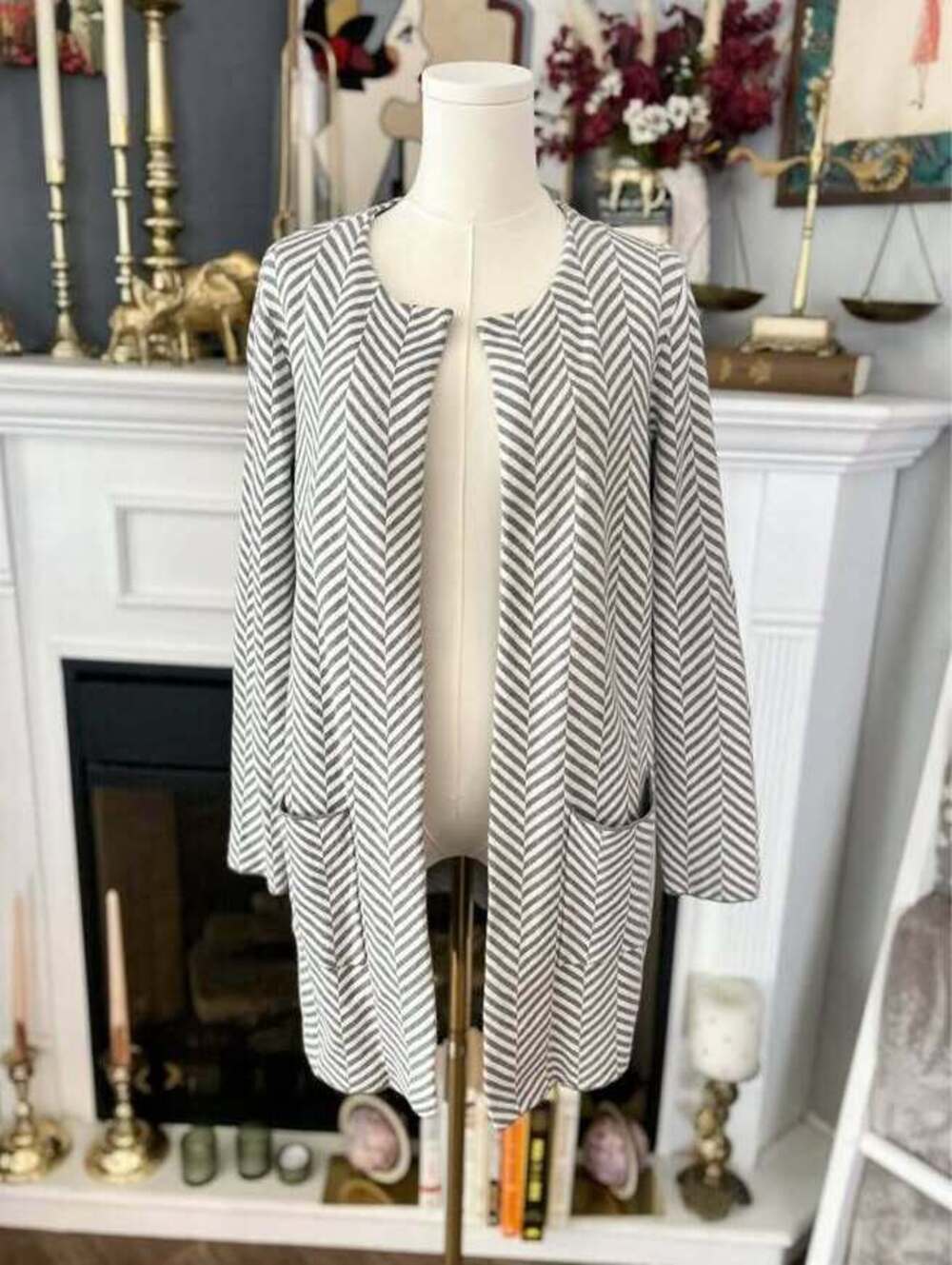 LOFT Gray and White Herringbone Open Front Cardigan Med Petite